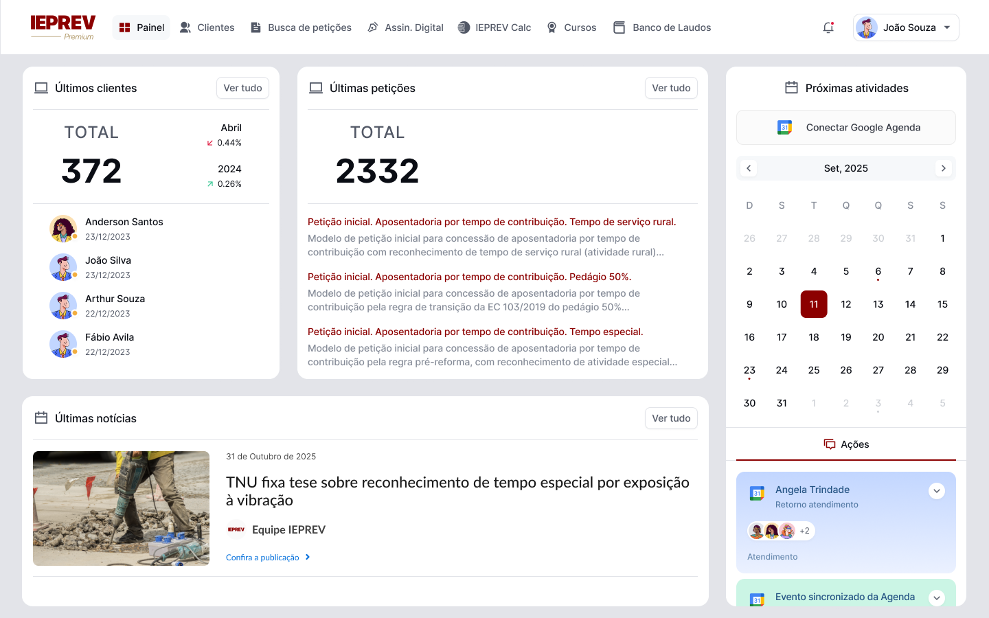 Painel principal do IEPREV com Google Agenda